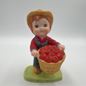 1985 Campbell Kids Porcelain Figurine Boy with Basket Harvest of Good Foods 4"
